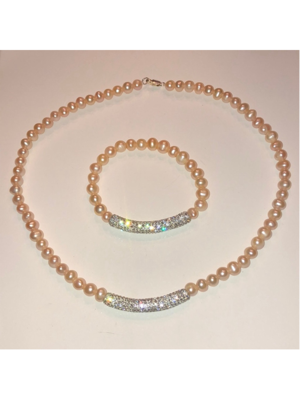 Pale Pink Genuine Pearls CZ Rhinestone Necklace Bracelet Set